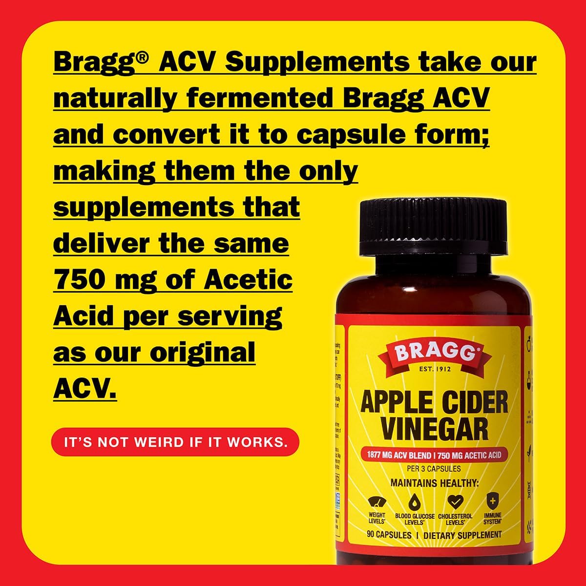 Bragg Apple Cider Vinegar Capsules - 750mg of Acetic Acid – Immune & Weight Management Support - 90 capsules