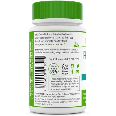 Hyperbiotics PRO-Dental w/ 4 Targeted Strains & Chelated Zinc - Clinically Studied for Oral Health - Natural Mint Flavor - 45 LiveBac Chewable Tablets