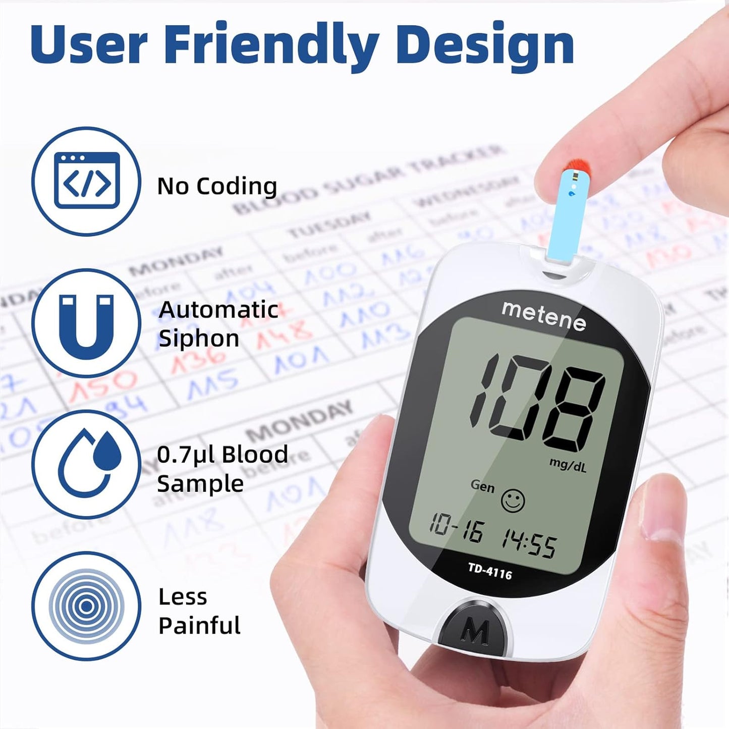 Metene TD-4116 Blood Glucose Test Strips, 200 Count Test Strips for Diabetes, Use with metene TD-4116 Blood Glucose Monitor Only