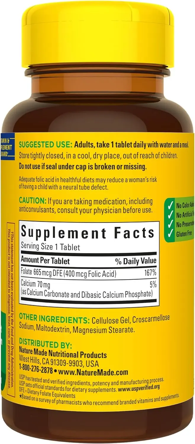 Nature Made Folic Acid 400 mcg (665 mcg DFE), 250 Tablets Nature Made