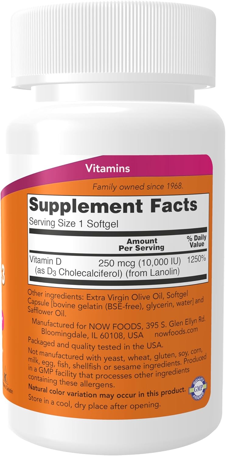 NOW Foods, Vitamin D-3, High Potency, 10,000 IU, 30 Softgels