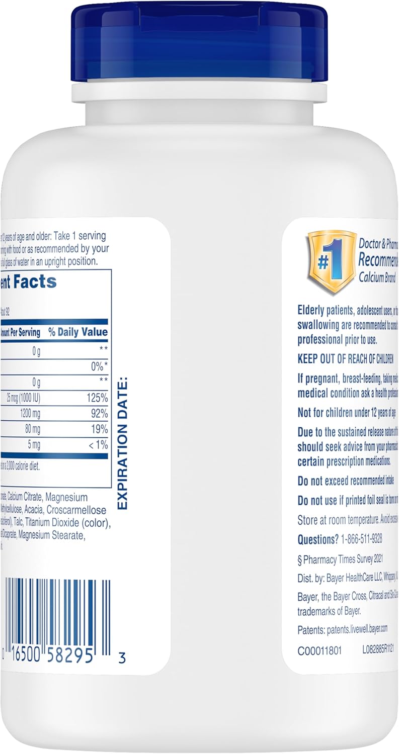 Citracal, Slow Release 1200, 1200 mg Calcium Citrate and Calcium Carbonate Blend with 1000 IU Vitamin D3, Bone Health Supplement for Adults, Once Daily Caplets, 185 Count