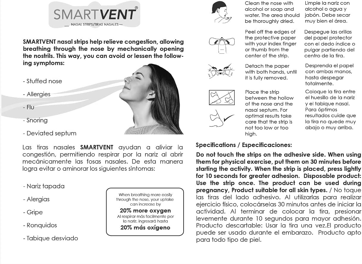 SMART VENT 40 Drug and Latex Free Nasal Strips That Instantly Relieve Nasal Congestion Breathe Better, Live Better. Includes 2 Practical Cases.