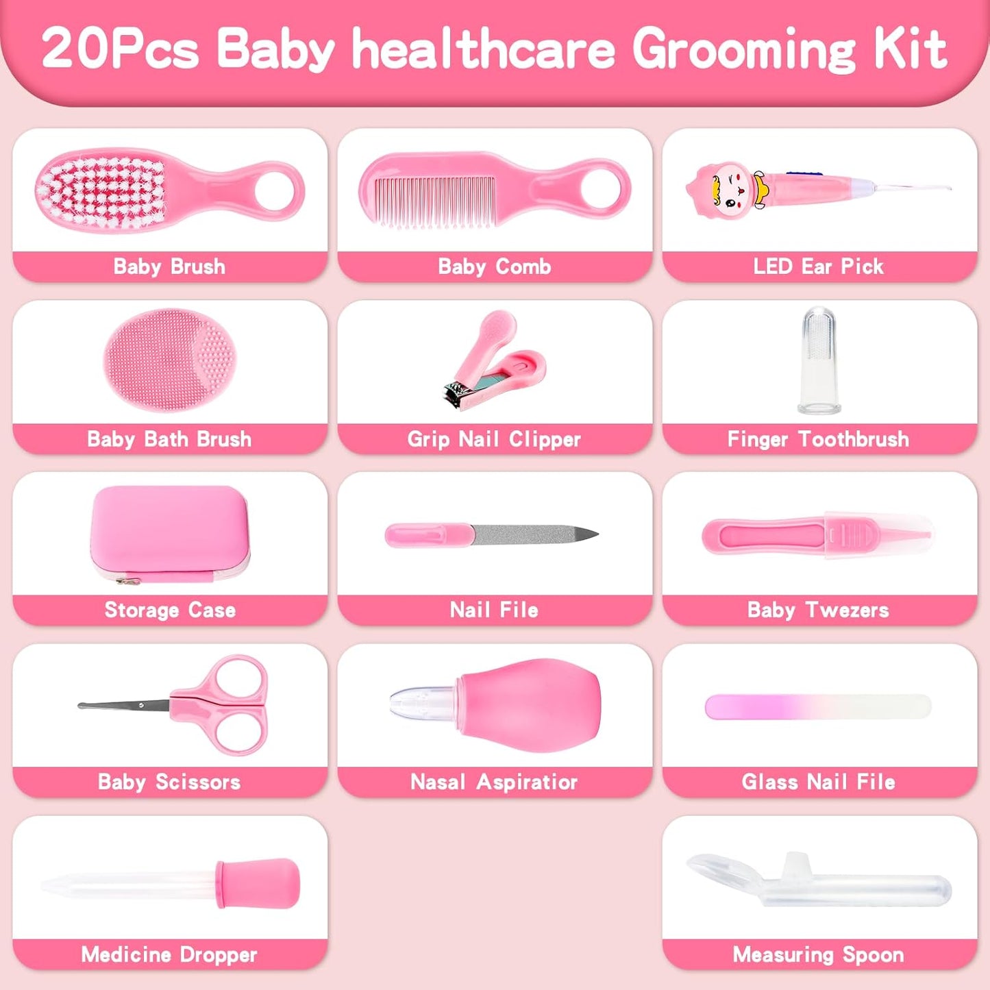 Esonto Baby Healthcare and Grooming Kit,Baby Hair Clippers, Baby Nail Clippers with Light for Newborn Infant Toddler Kids Toes and Fingernails - Care, Polish and Trim (20 Kits Pink)