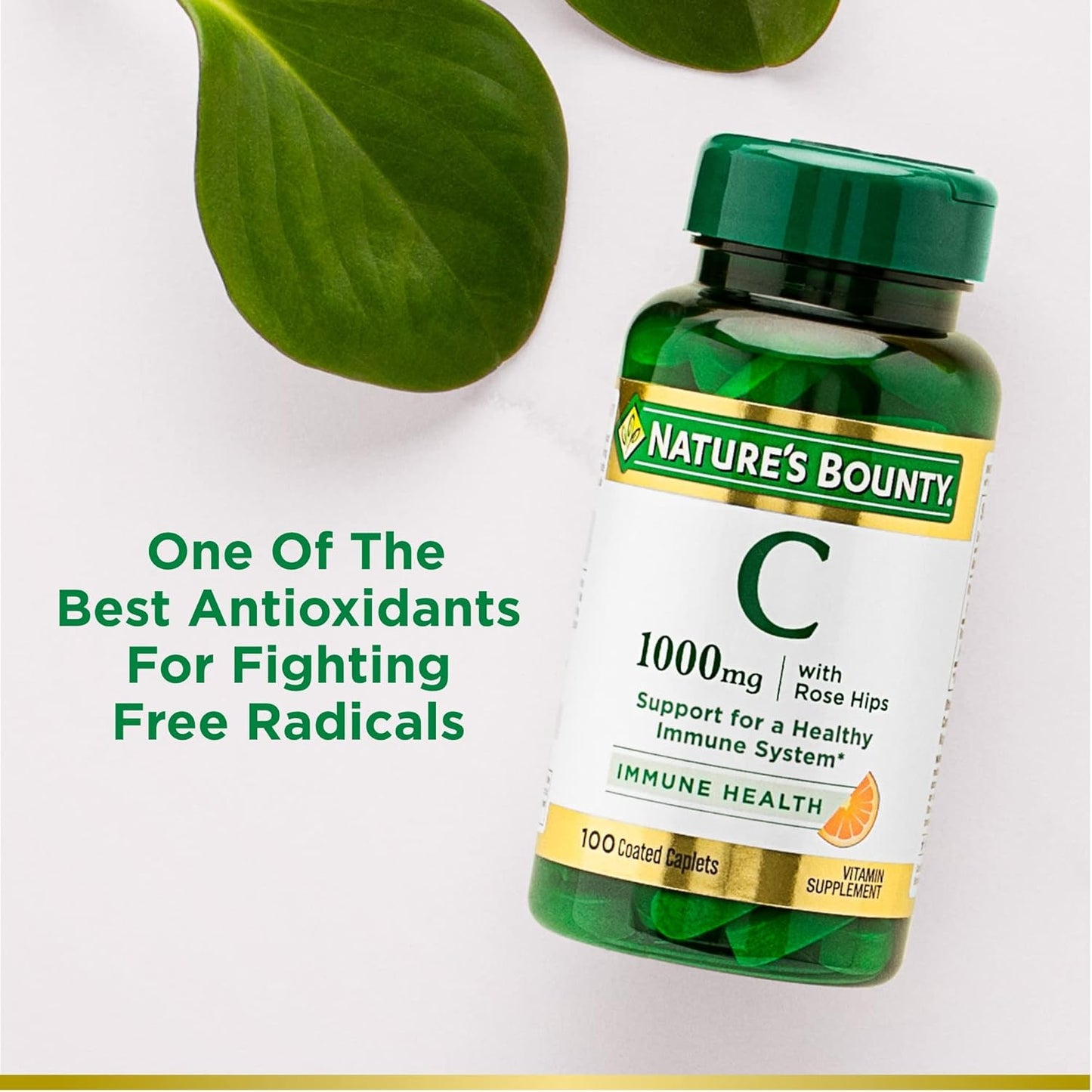 Nature's Bounty Vitamin C + Rose Hips, Immune Support, 1000mg, Coated Caplets, 100 Ct