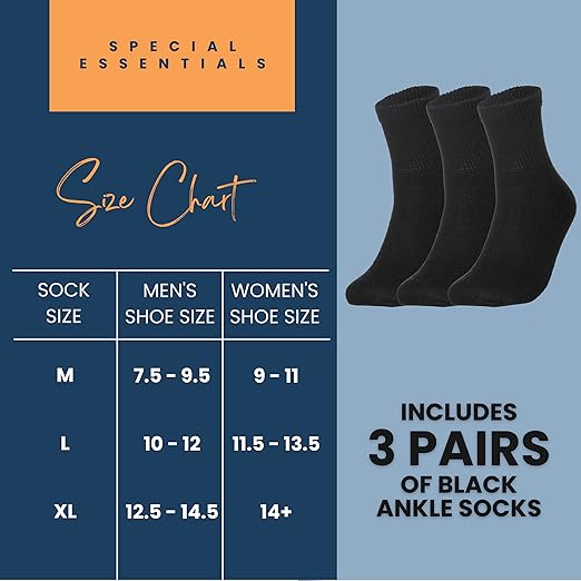 Special Essentials 3 Pairs Cotton Diabetic Ankle Socks - Non-Binding With Extra Wide Top For Men and Women