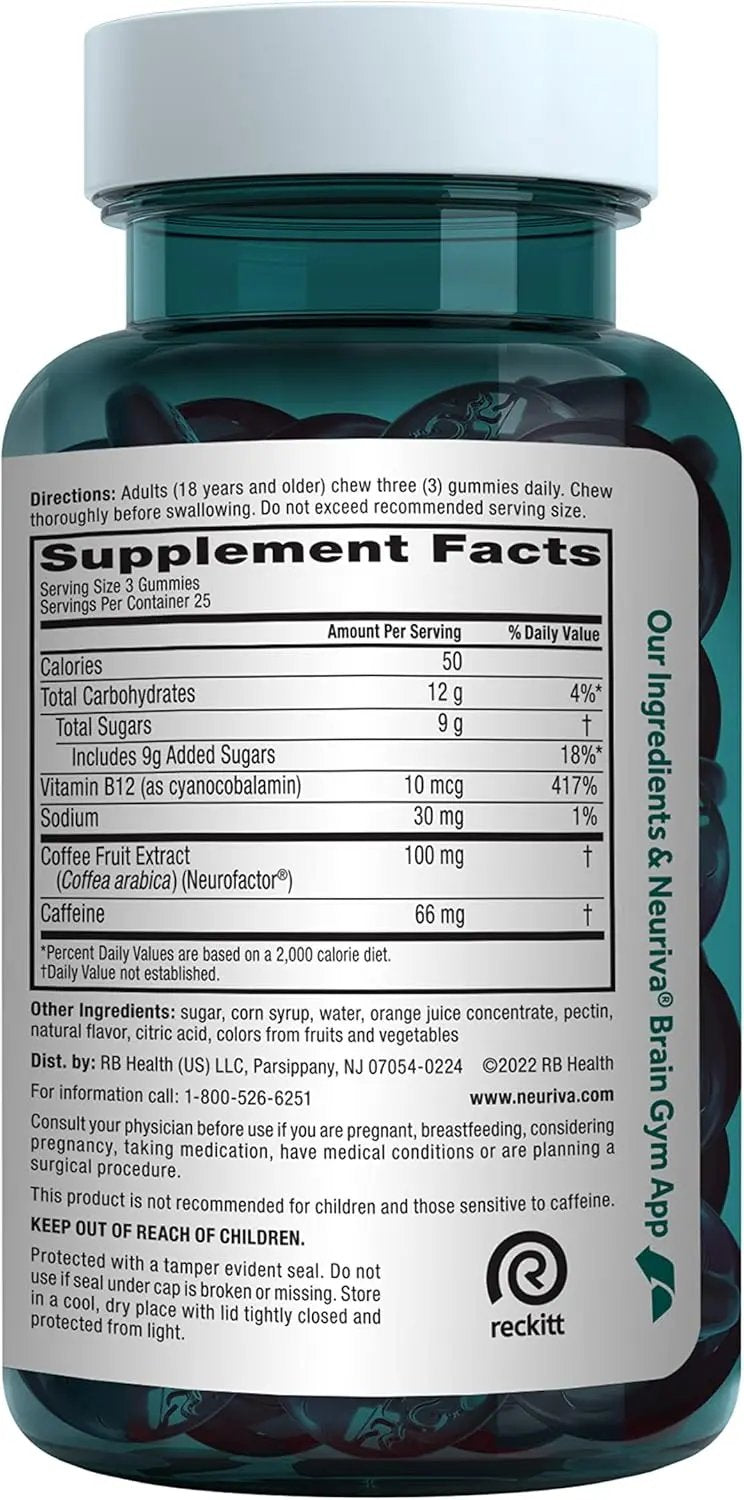 NEURIVA Brain + Energy Gummies, Nootropic Brain Supplements for Focus and Concentration with Neurofactor, Vitamin B12 & Caffeine for an Energy Boost*, 75ct Natural BlackBerry Vitamins Depots