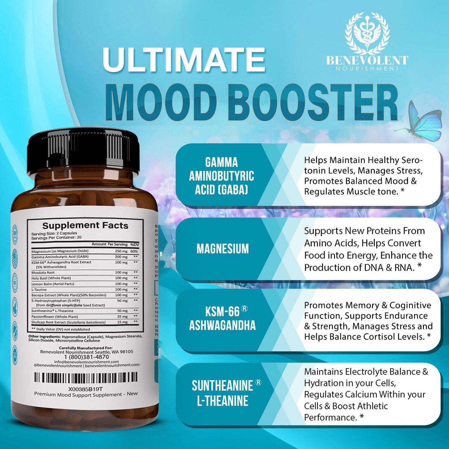 Calm Mood Booster Supplement - Natural Happy Pills for Stress, Sleep & Mood Support - 60 Count