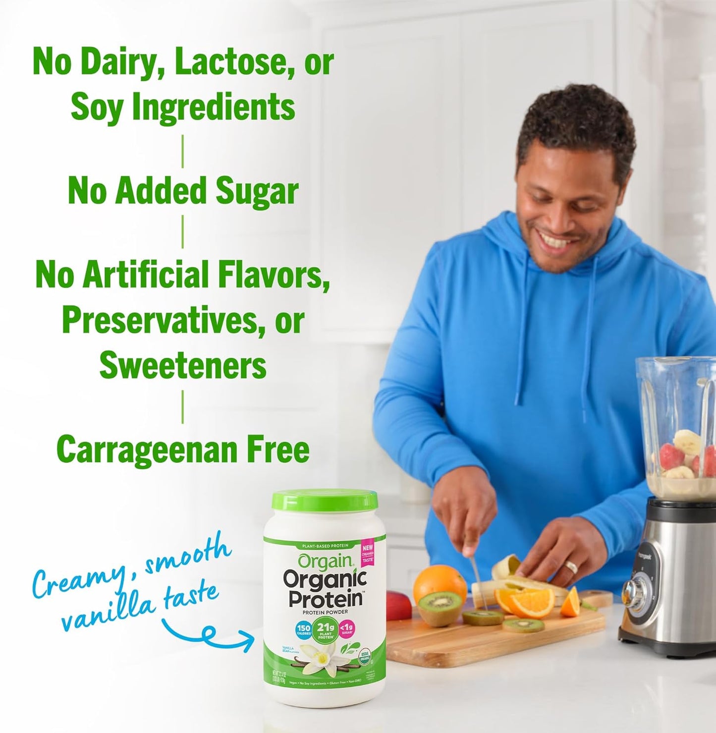 Orgain Organic Vegan Protein Powder, Vanilla Bean - 21g of Plant Based Protein, Low Net Carbs, Gluten Free, Lactose Free, No Sugar Added, Soy Free, Kosher, Non-GMO, 2.03 Lb