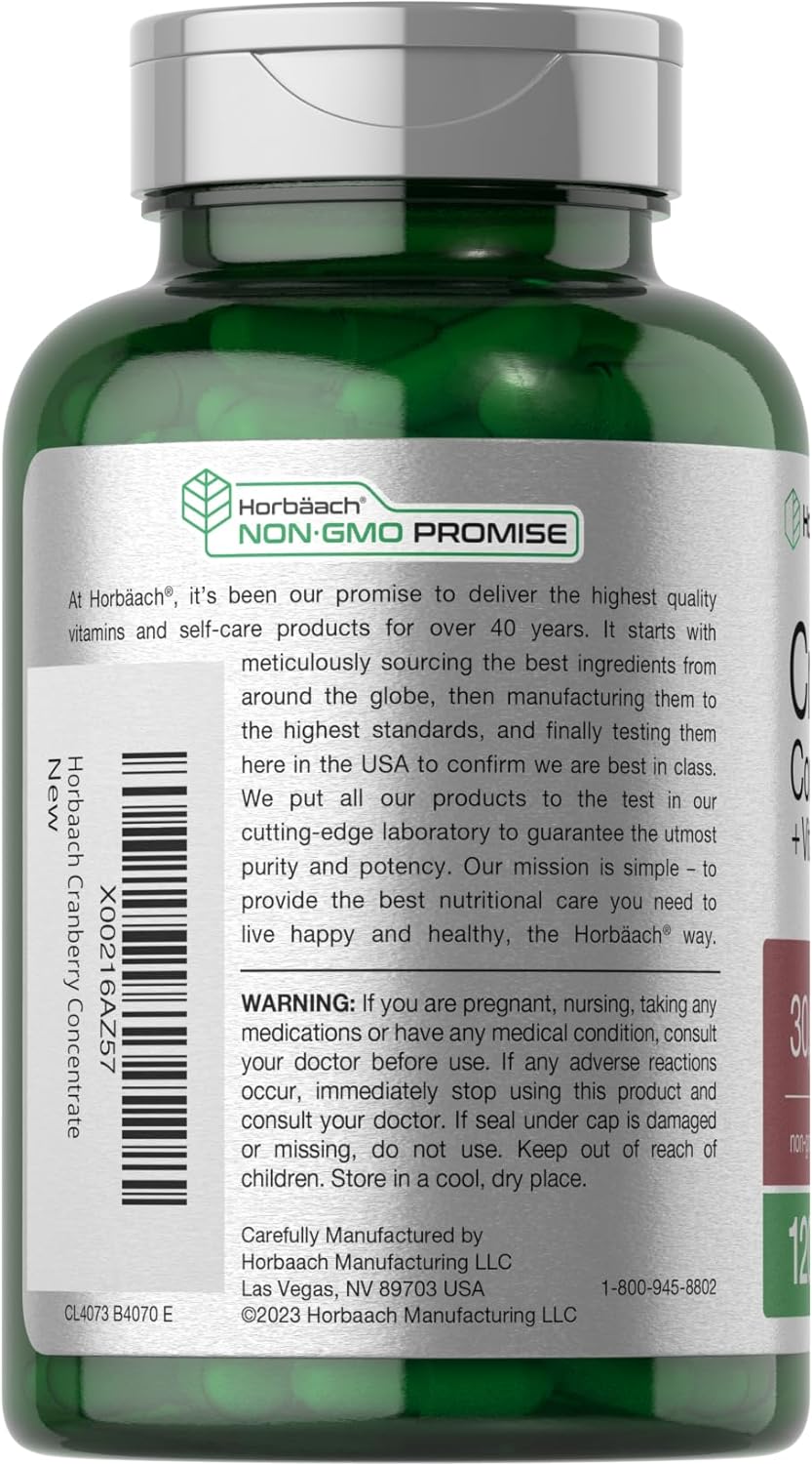 Horbäach Cranberry Concentrate Extract + Vitamin C | 15,000mg | 250 Capsules | Triple Strength Ultimate Potency Formula | Non-GMO and Gluten Free Cranberry Pills Supplement