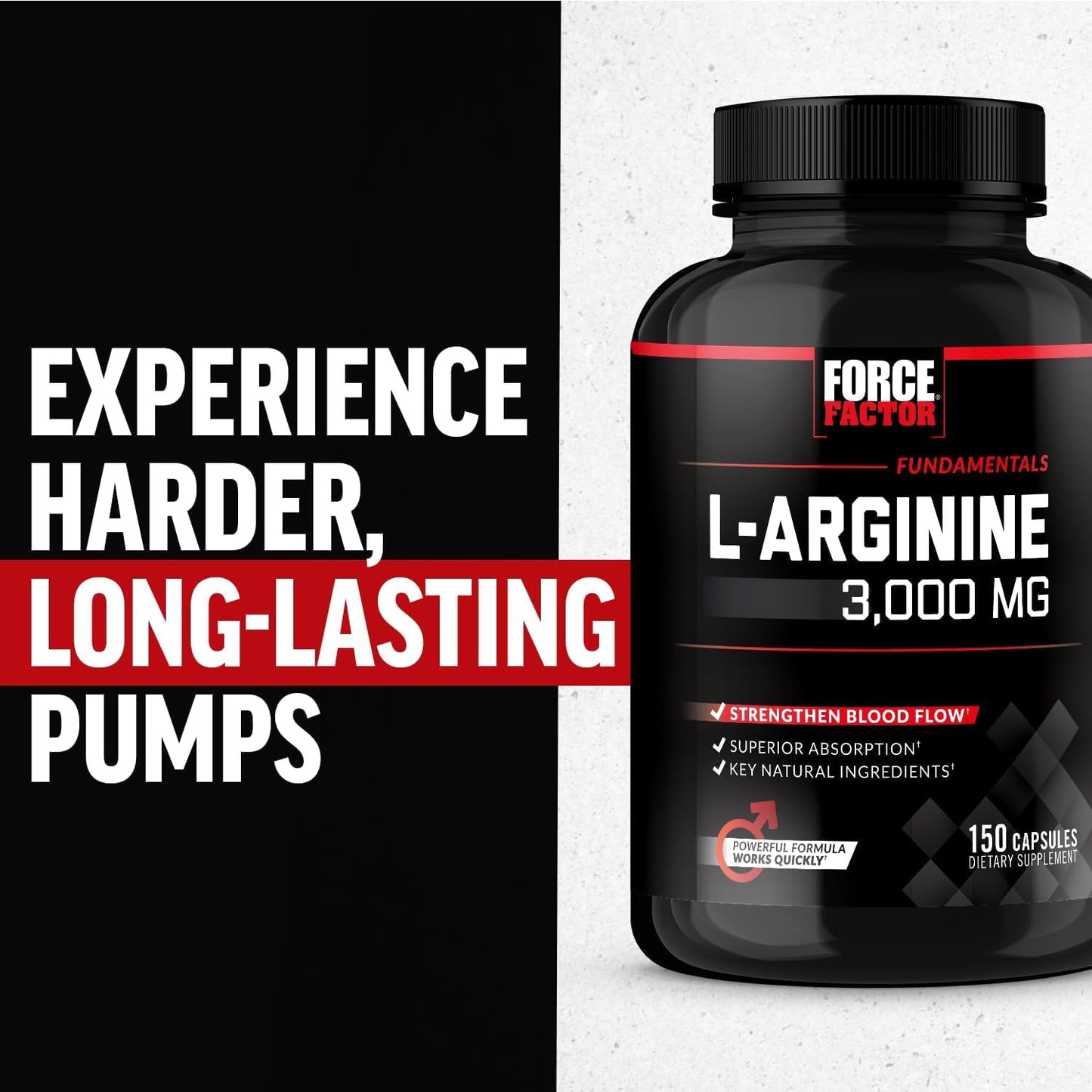 FORCE FACTOR L-Arginine Nitric Oxide Supplement with BioPerine to Help Build Muscle and Support Stronger Blood Flow, Circulation, Nutrient Delivery, and Pumps, L-Arginine 3000mg, 3g, 150 Capsules Force Factor