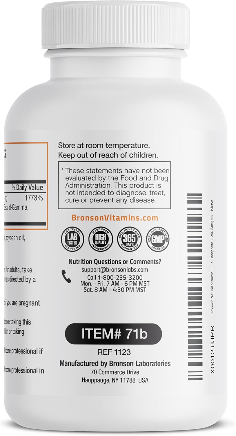 Bronson Natural Vitamin E Complex Supplement 400 I.U. (80% D-Alpha Tocopherol), Natural Antioxidant, 100 Softgels