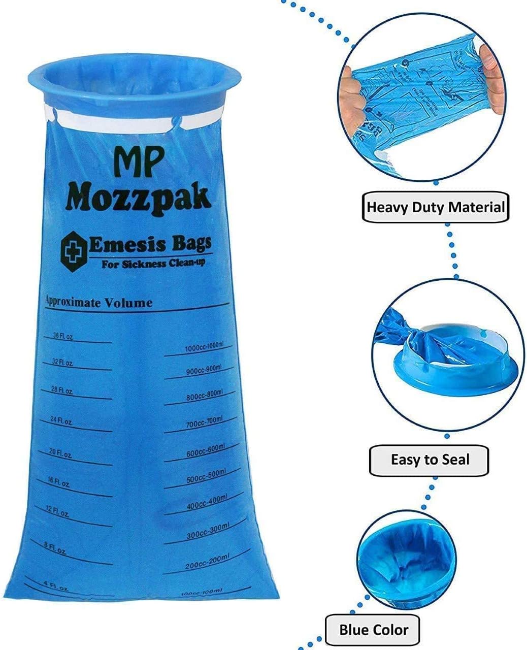MP MOZZPAK Vomit Bags – 15 Pack – 1000ml Emesis Bags – Leak Resistant, Medical Grade, Portable, Disposable Barf, Puke, Throw Up, Nausea Bags for Travel Motion Sickness, Car & Aircraft, Kids, Taxi