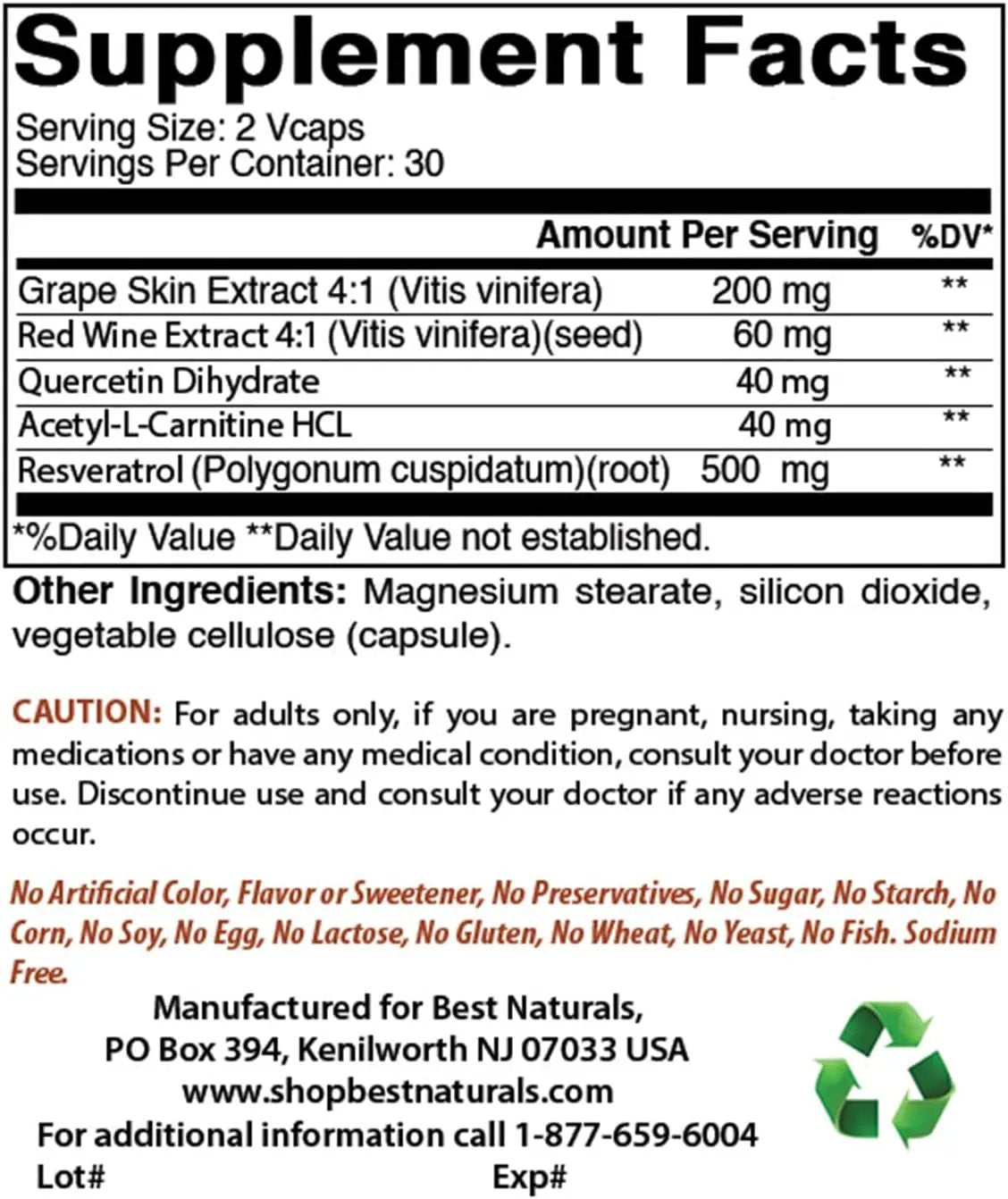 Best Naturals Resveratrol 500 mg 60 Vegetarian Capsules Best Naturals