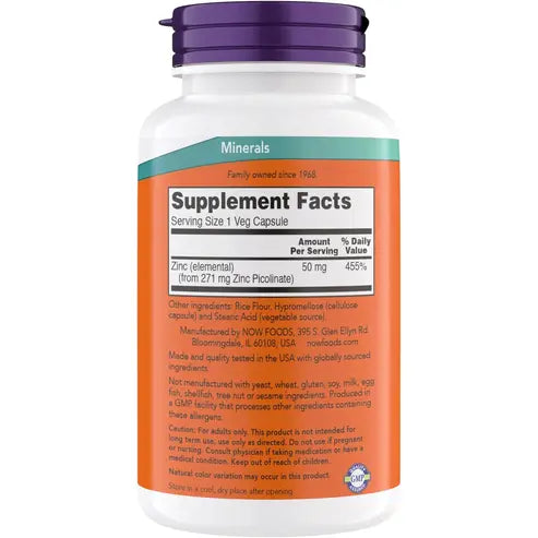 NOW Supplements, Zinc Picolinate 50 mg, Supports Enzyme Functions, Immune Support, 60 Veg Capsules