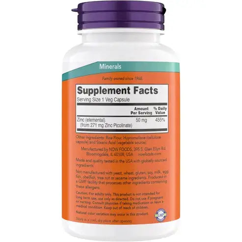 NOW Supplements, Zinc Picolinate 50 mg, Supports Enzyme Functions, Immune Support, 60 Veg Capsules NOW