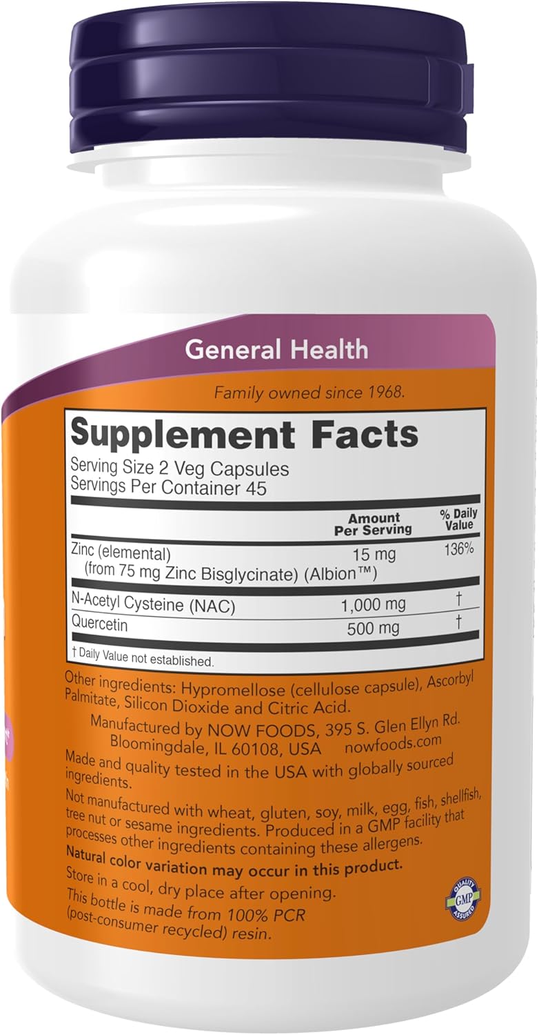 NOW Foods, NAC (1,000 mg), Quercetin (500 mg) & Zinc (15 mg), 90 Veg Capsules