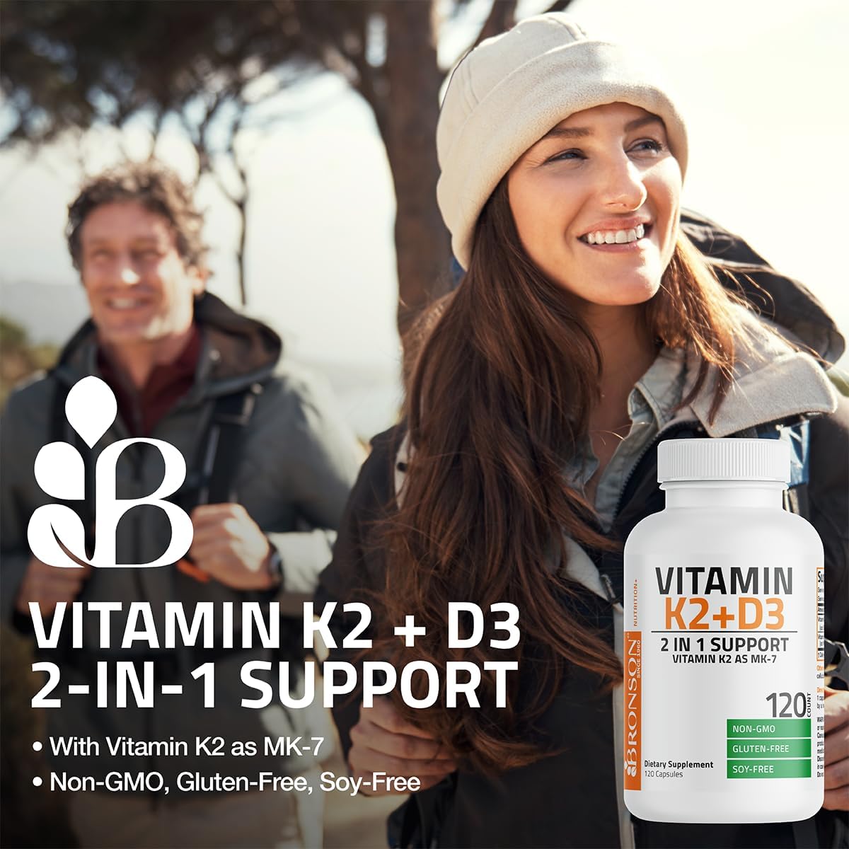 Bronson Vitamin K2 (MK7) with D3 Supplement Non-GMO Formula 5000 IU Vitamin D3 & 90 mcg Vitamin K2 MK-7 Easy to Swallow Vitamin D & K Complex, 120 caps