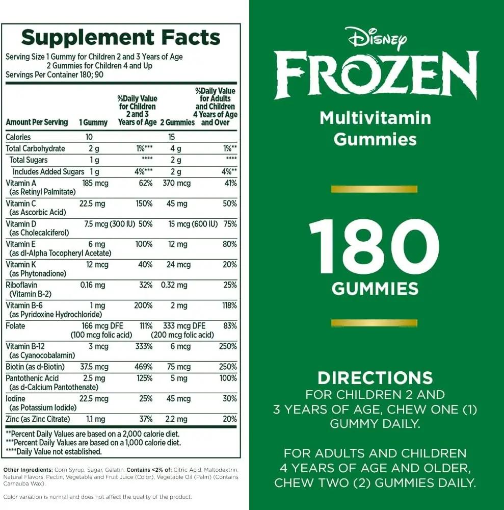 Disney' Frozen Kids Gummy Multivitamin, Natural Strawberry & Raspberry Flavored, Vitamins A, C, D, E, and Select B Vitamins, 180 Gummies Nature's Bounty