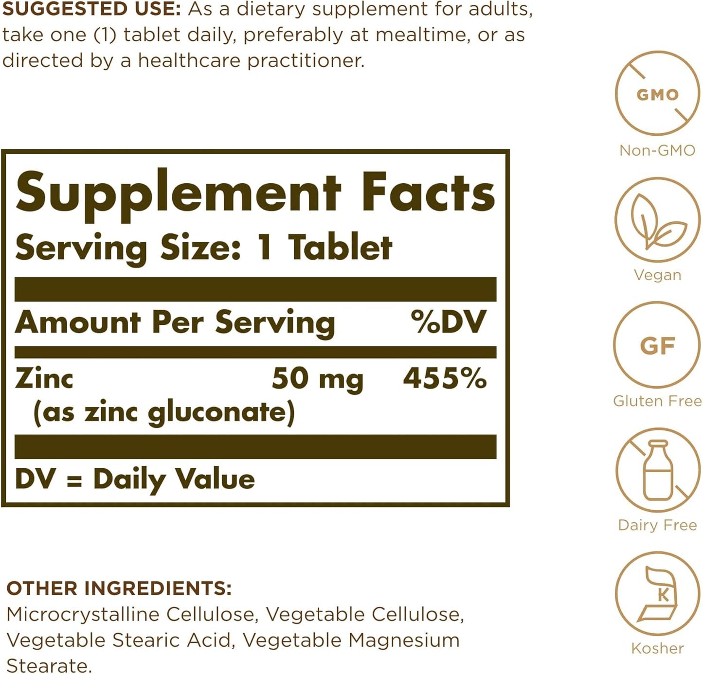 SOLGAR, Zinc for Healthy Skin, Taste & Vision - Immune System & Antioxidant Support - Supports Cell Growth & DNA Formation - Non GMO, Vegan, Gluten Free - 100 Servings