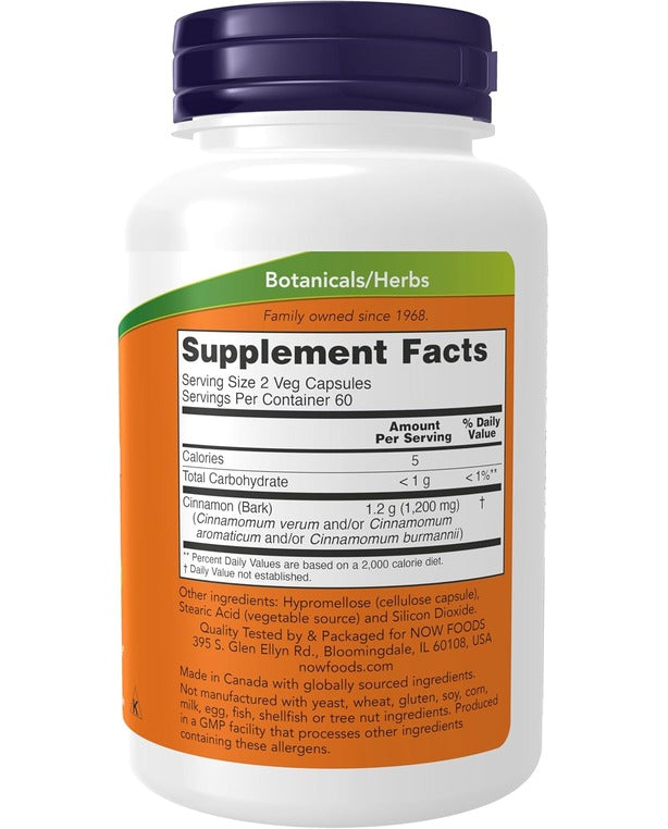 NOW Supplements, Cinnamon Bark 600 mg, Non-GMO Project Verified, Healthy Glucose Metabolism*, 120 Veg Capsules
