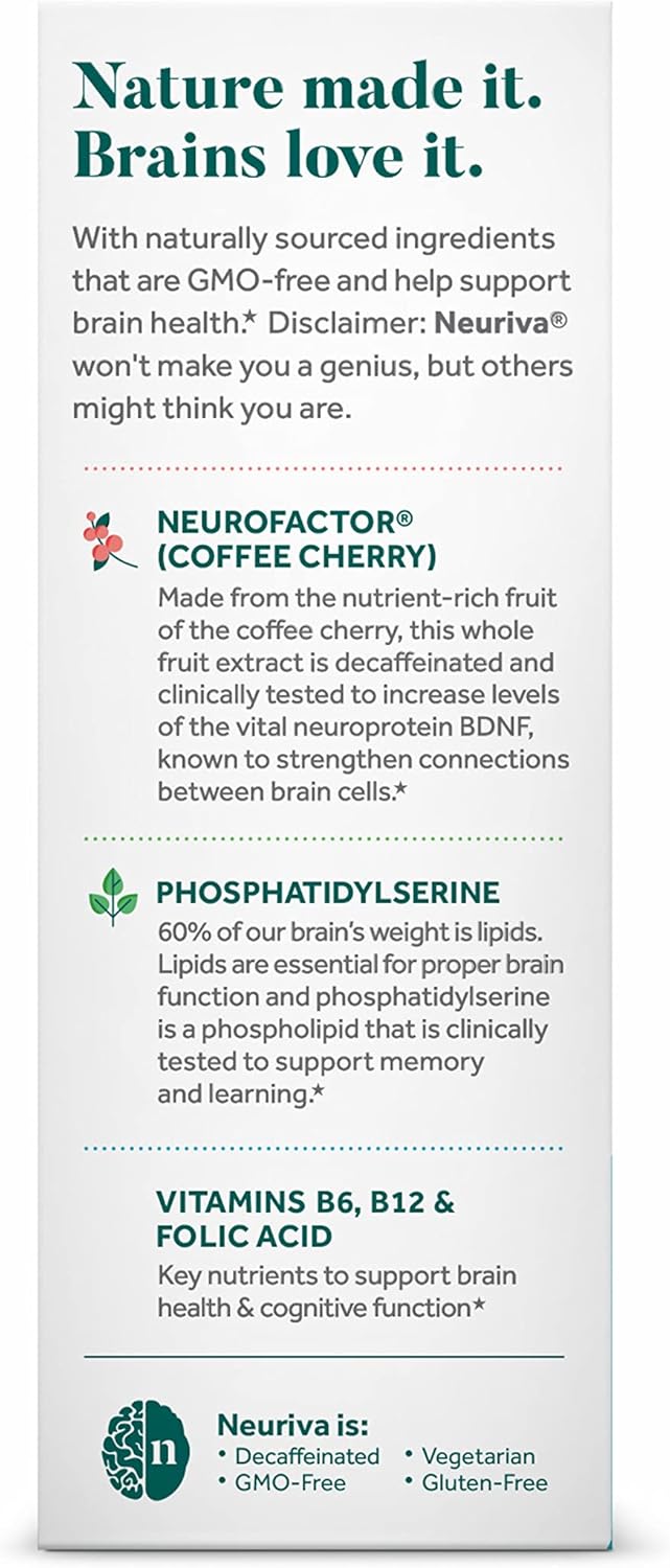 NEURIVA Plus Vegetarian Brain Supplement For Memory, Focus & Concentration + Cognitive Function, Vitamins B6 & B12 and Clinically Tested Nootropics Phosphatidylserine and Neurofactor, 30ct Capsules