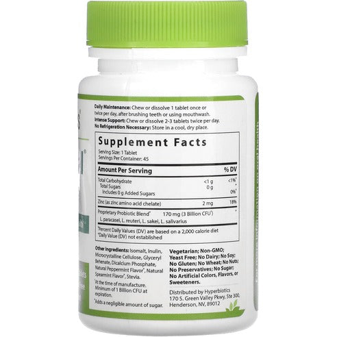 Hyperbiotics PRO-Dental w/ 4 Targeted Strains & Chelated Zinc - Clinically Studied for Oral Health - Natural Mint Flavor - 45 LiveBac Chewable Tablets
