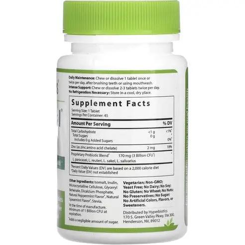 Hyperbiotics PRO-Dental w/ 4 Targeted Strains & Chelated Zinc - Clinically Studied for Oral Health - Natural Mint Flavor - 45 LiveBac Chewable Tablets WILD FUEL