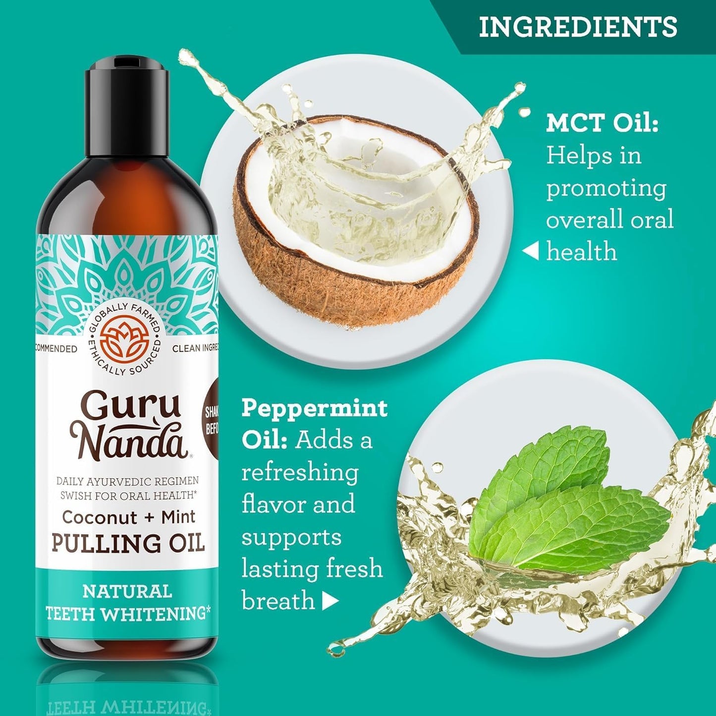 GuruNanda Oil Pulling (8 Fl.Oz) with Coconut Oil and Peppermint Oil for Oral Health, Healthy Teeth and Gums, Alcohol Free Mouthwash, Teeth Whitening, Helps with Bad Breath and Freshens Mouth