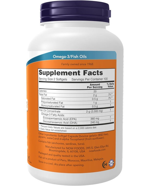 NOW Foods, Omega-3 Fish Oil, 1,000 mg, 180 EPA - 120 DHA, 100 Softgels