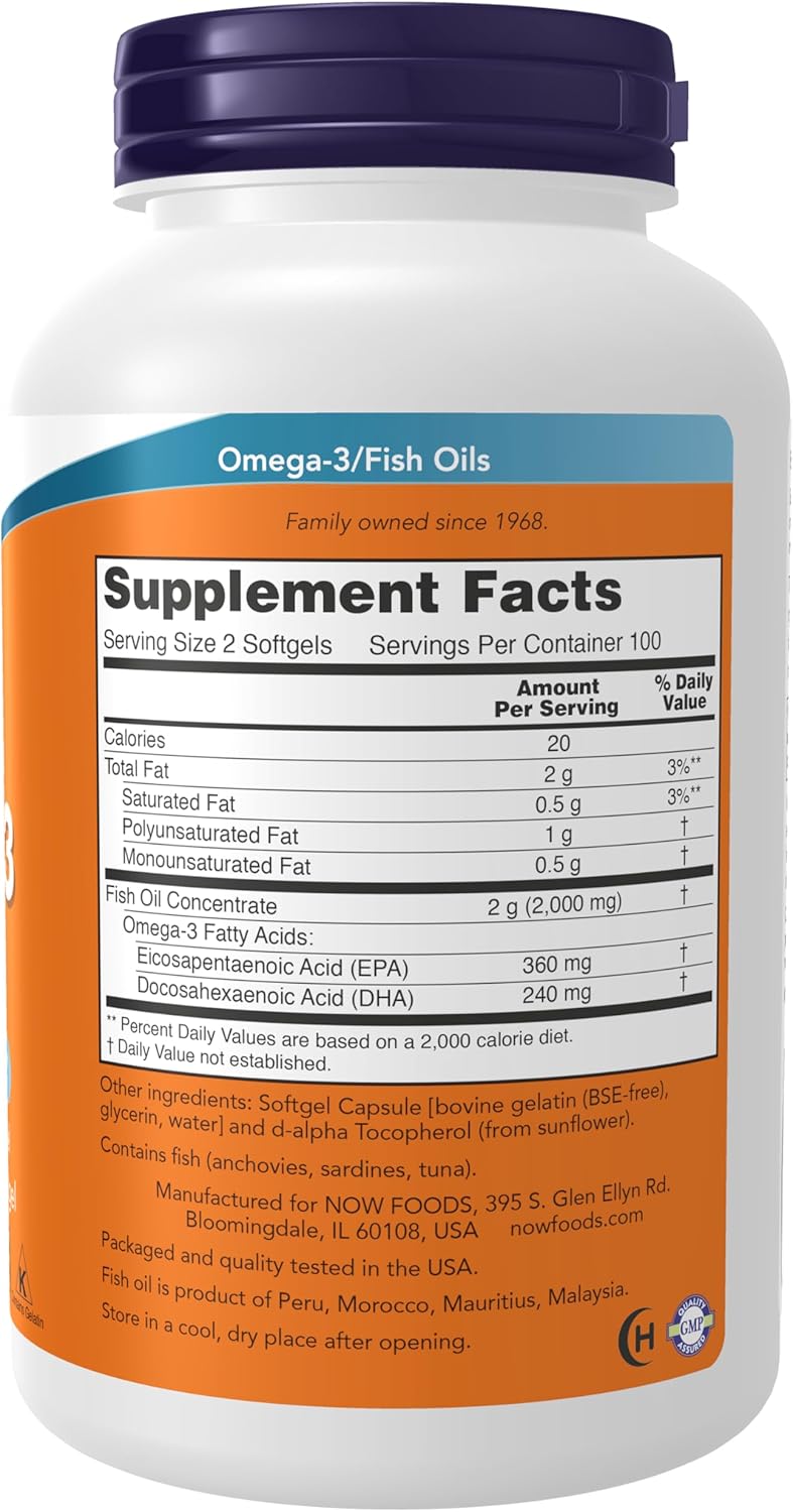 NOW Foods Supplements, Omega-3 180 EPA / 120 DHA, Molecularly Distilled, 200 Softgels