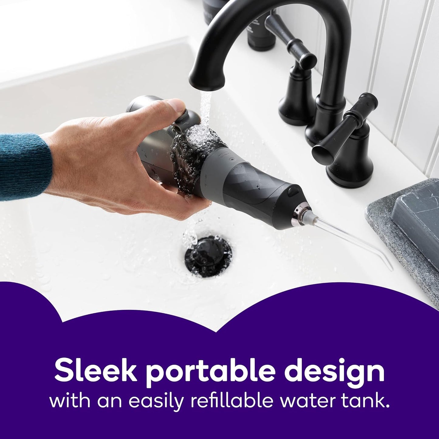 BURST Water Flosser for Teeth Cleaning – Cordless Water Flosser Picks for Plaque Removal Between Teeth, Braces & Dental Work – Electric & Portable Water Floss – Refillable 110mL Tank, 3 Modes – Black