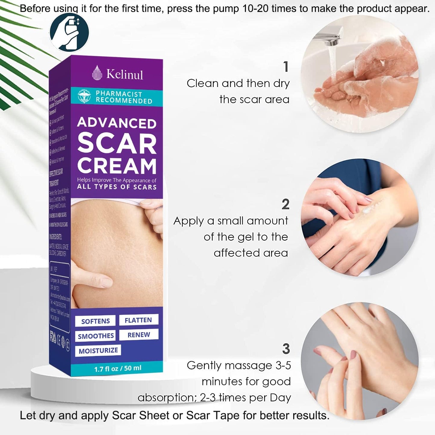 Kelinul Advanced Scar Cream - Silicone Scar Gel for Scars - Medical Grade Silicone Scar Removal Crean for C-Section & Keloid Surgery, Burn, Acne, Tummy Tuck - 1.7 oz