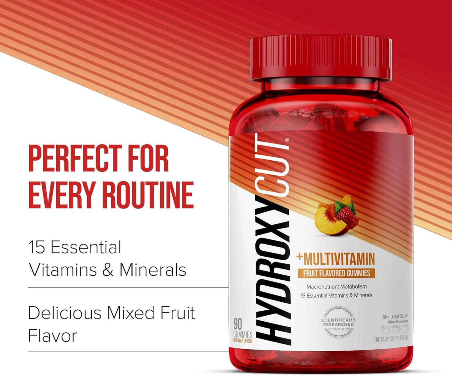 Hydroxycut Caffeine-Free Gummy for Women & Men , 15 Essential Vitamins & Minerals , Metabolism , 90 Count