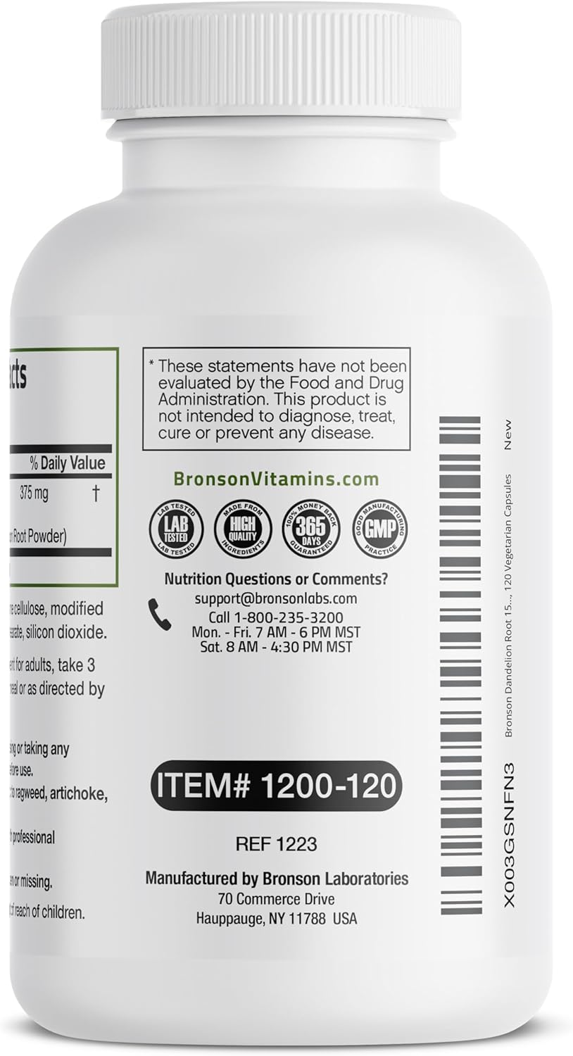 Bronson Dandelion Root 1500 MG per Serving High Potency, Supports Overall Good Health & Well-Being, Traditional Diuretic Herb - Non-GMO, 120 Vegetarian Capsules