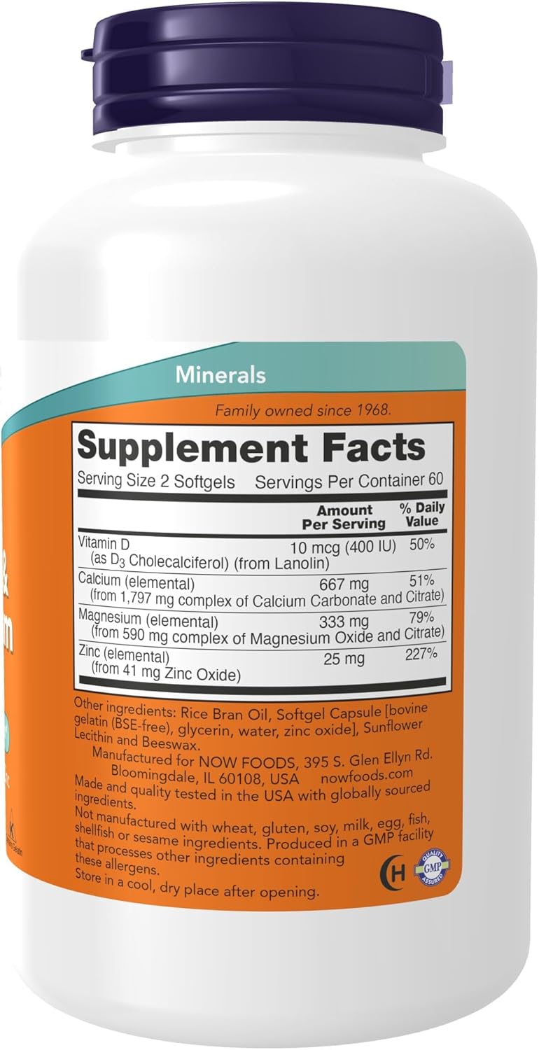 NOW Foods Calcium & Magnesium with Vitamin D3 and Zinc, 120 Softgels