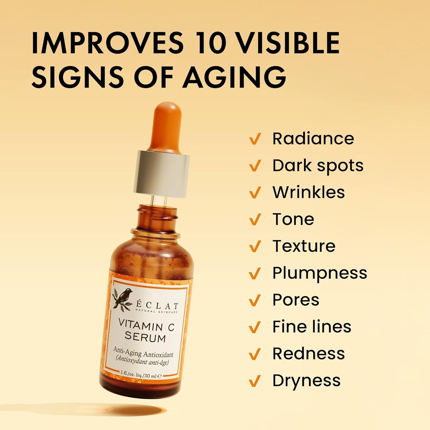 Eclat Vitamin C Face Serum - Hyaluronic Acid, Retinol, & Vit E - Anti Aging Facial Brightening Serum for Skin Care - Timeless Pure Vitamin C Serum for Face Dark Spots, Vit C Serum Oil, Face Serum for Women