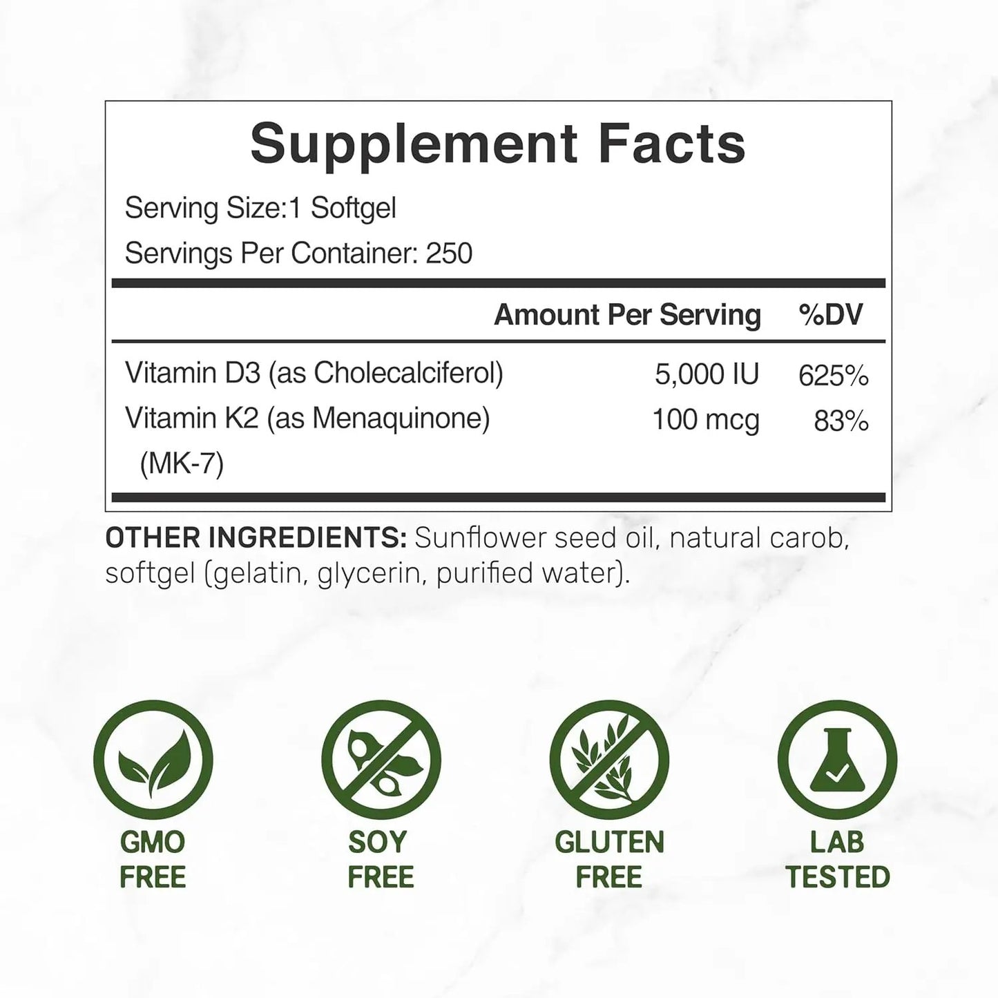 DEAL SUPPLEMENT Vitamin D3 K2 Softgel, 250 Count, 2-1 Complex, Vitamin D3 5000 IU & Vitamin K2 MK7 Vitamins Depots