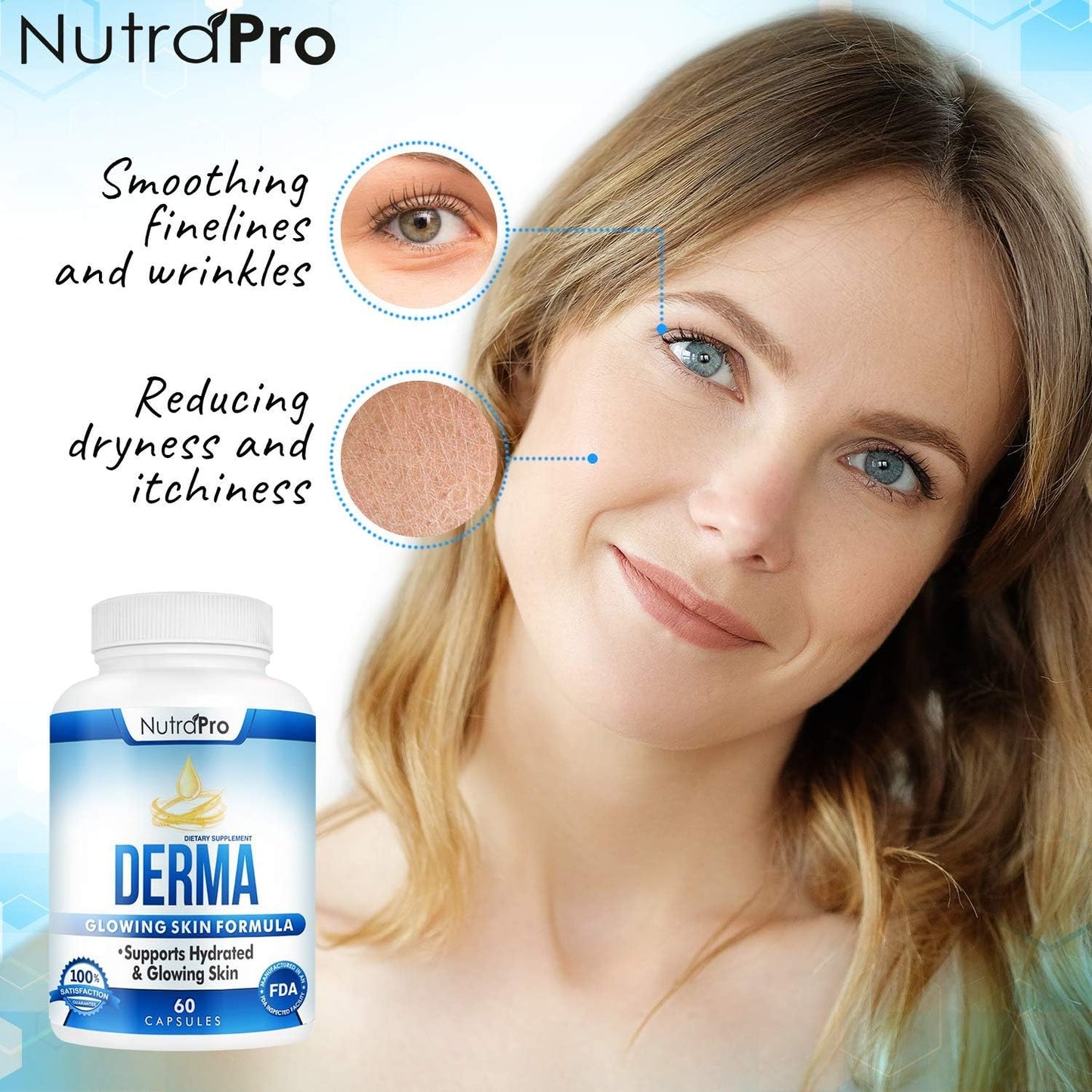 NutraPro Anti Wrinkles and Fine Lines Skin Vitamins + Derma Skin Supplement for Hydrated, Glowing Skin