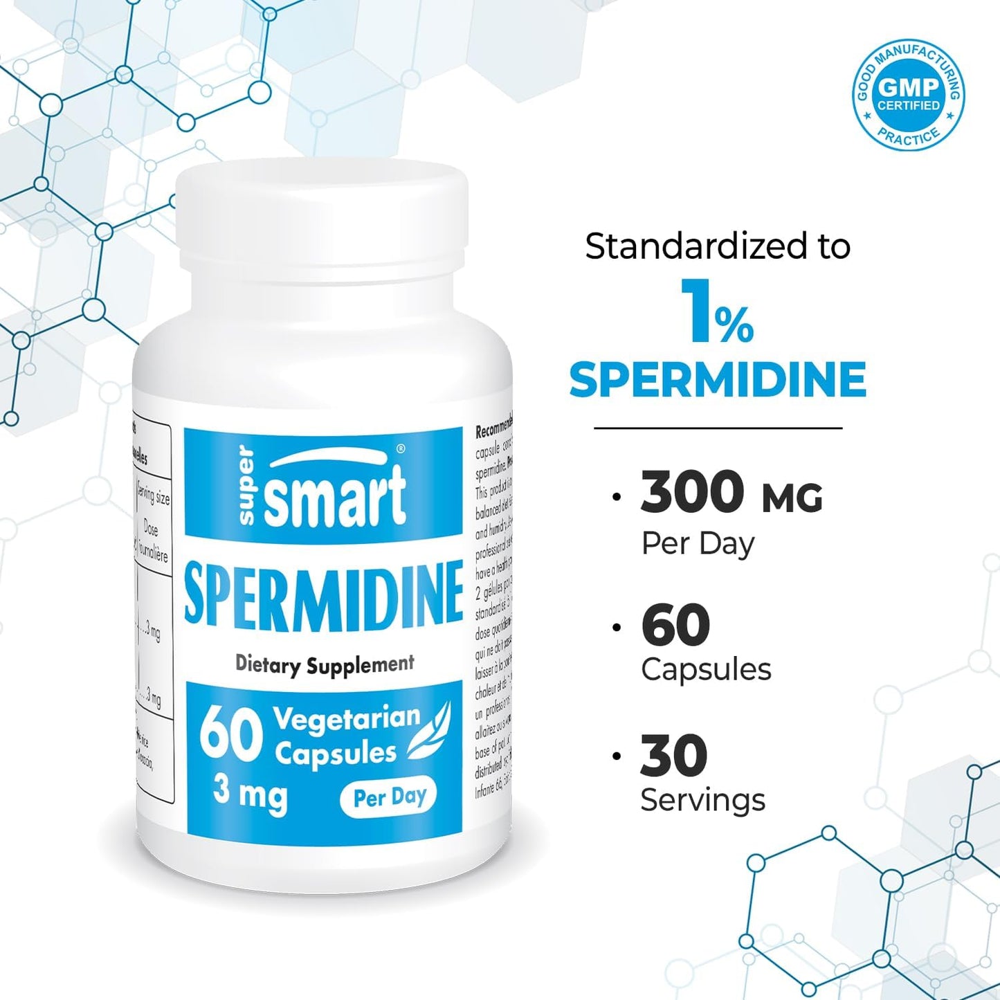Supersmart - Spermidine 3 mg per Day - Powerful Anti Aging Supplement - Boosts Autophagy | Non-GMO & Gluten Free - 60 Vegetarian Capsules