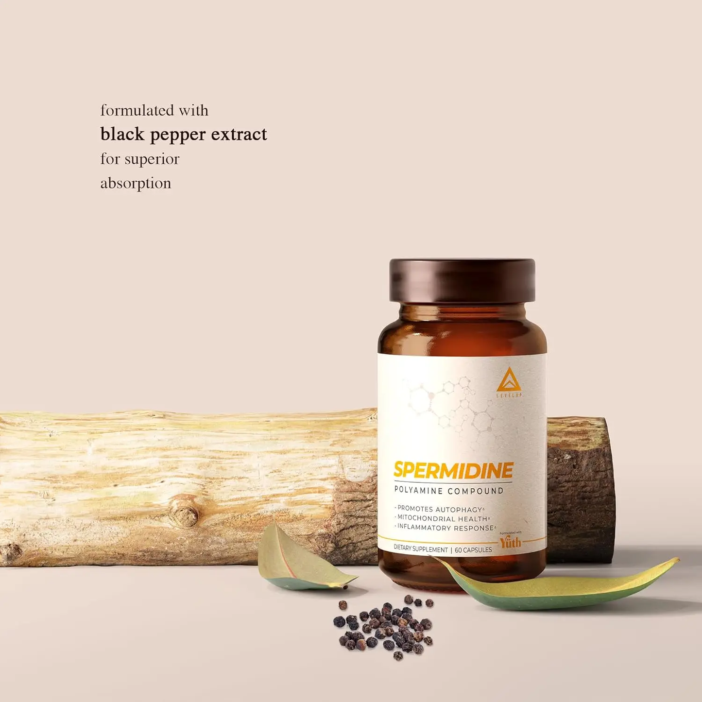 LevelUp Yuth Spermidine Capsules, 1 Researched Spermidine, 99% Concentration, 100x Potent Than Wheat Germ Extract for Anti-Aging DNA Telomere Support, 60 Count LevelUp