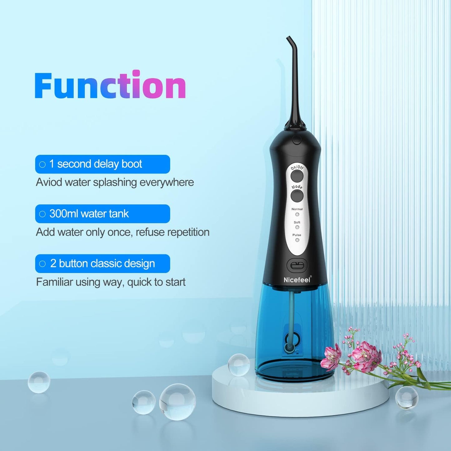 Nicefeel Cordless and Rechargeable Water Flosser - 300ML Water Tank Oral Irrigator, 4 Jet Tips, 3 Pressure Modes - IPX7 Waterproof and Travel Friendly