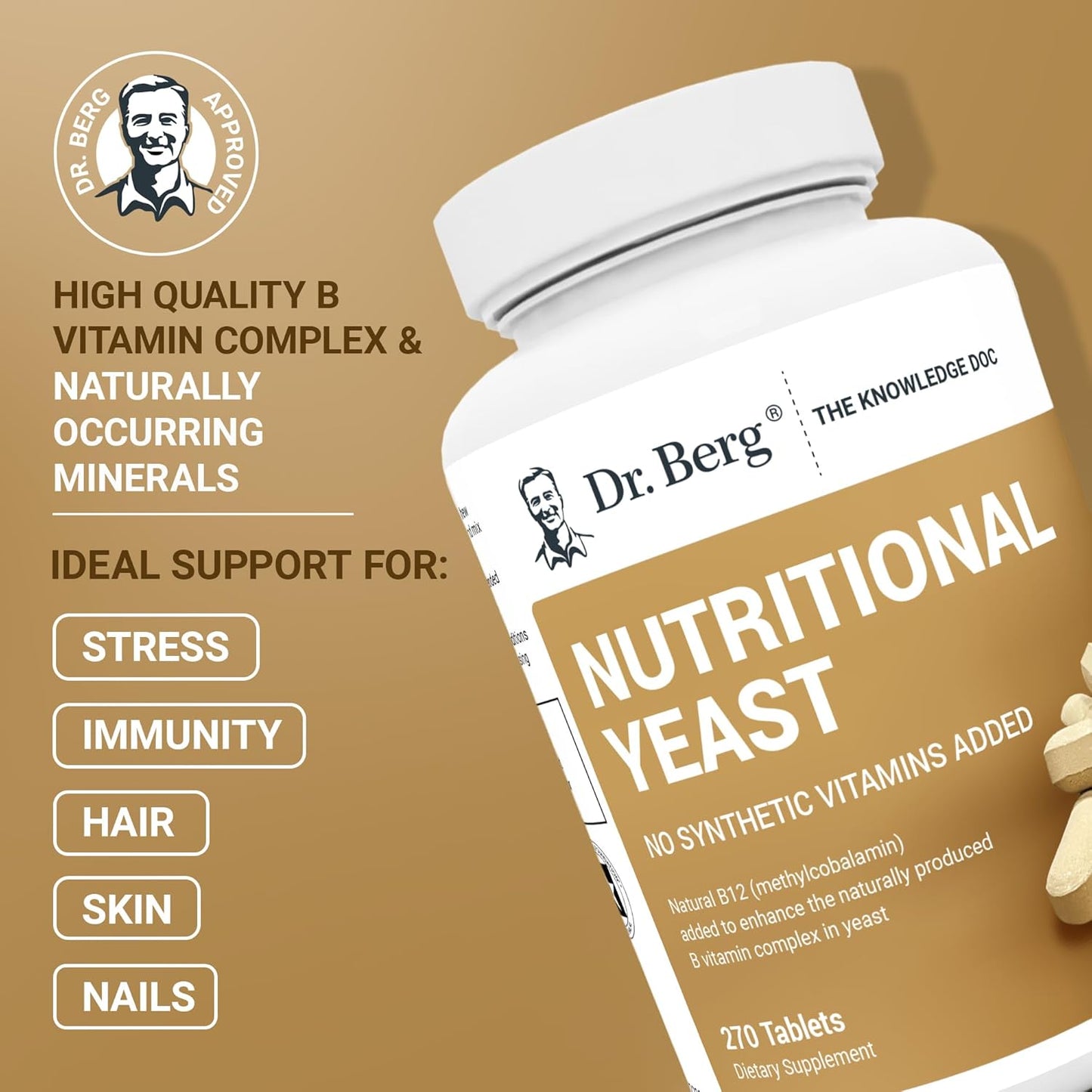 Dr. Berg Nutritional Yeast Tablets – Natural B12 Added – Organic Vanilla Flavor - 270 Vegan Tablets