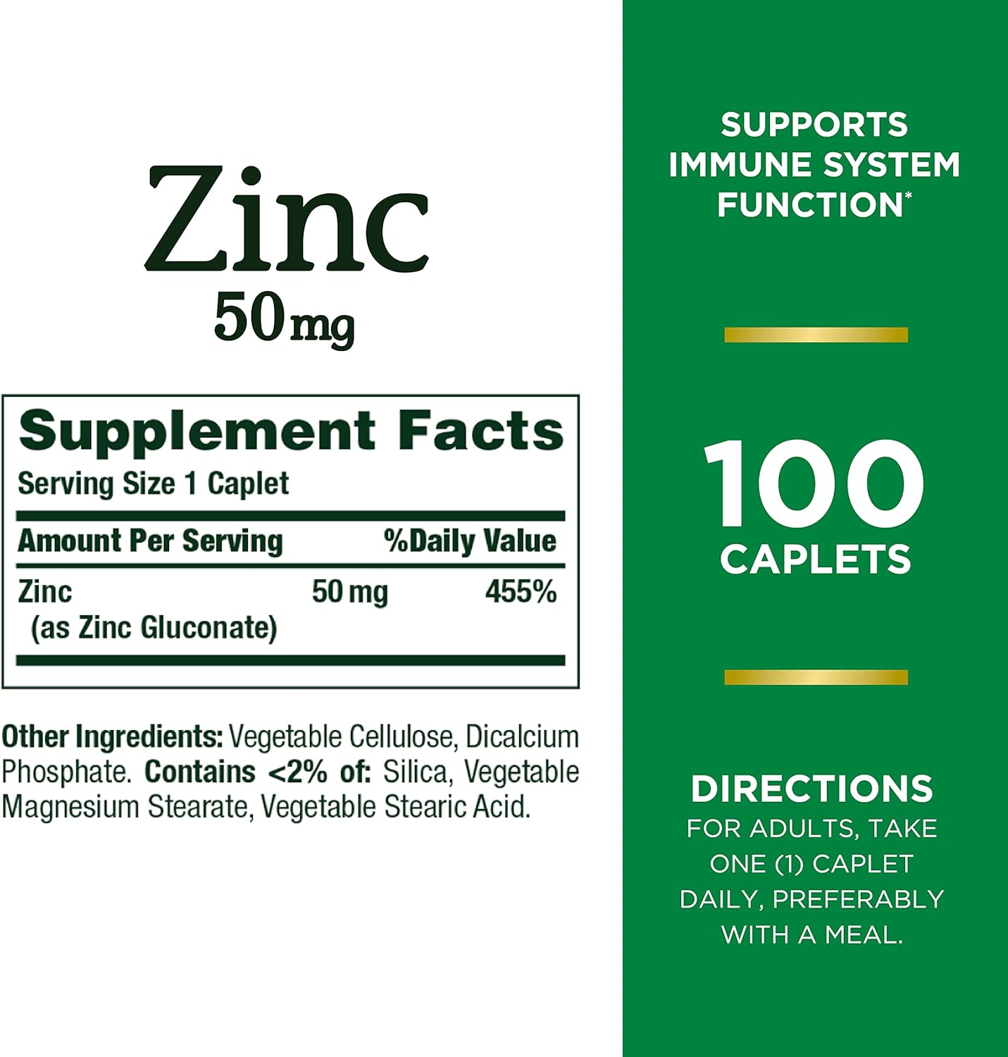 Nature's Bounty Zinc, Immune Support, 50 mg, Caplets, 100 Ct