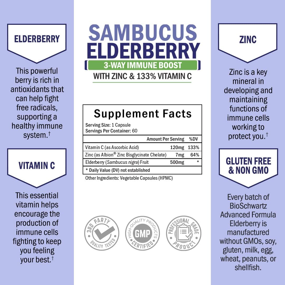 Elderberry with Zinc and Vitamin C for Adults - Immune Support Vitamins for Women and Men - 60 Ct