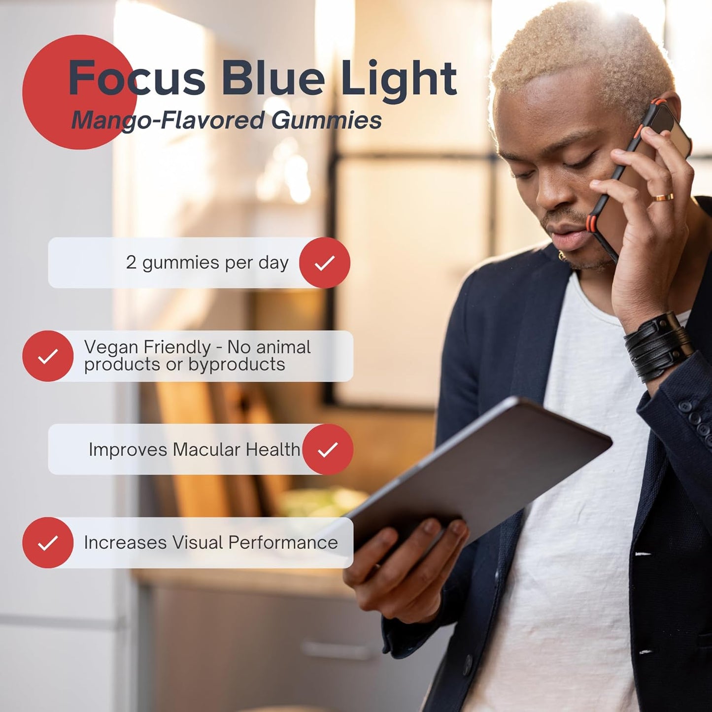 Focus Blue Light Supplement | Lutein and Zeaxanthin Supplement for Eye Health and Blue Light Protection | 60 Count Mango Flavored Gummy, 30 Day Supply | Reduces Eye Strain from Digital Devices