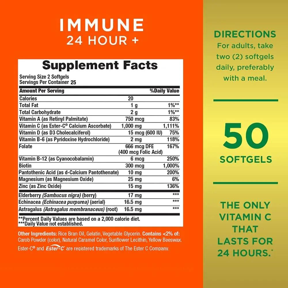 Nature's Bounty Immune 24 Hour +, The only Vitamin C with 24 Hour Immune Support from Ester C, Rapid Release Softgels, 50 Count Nature's Bounty