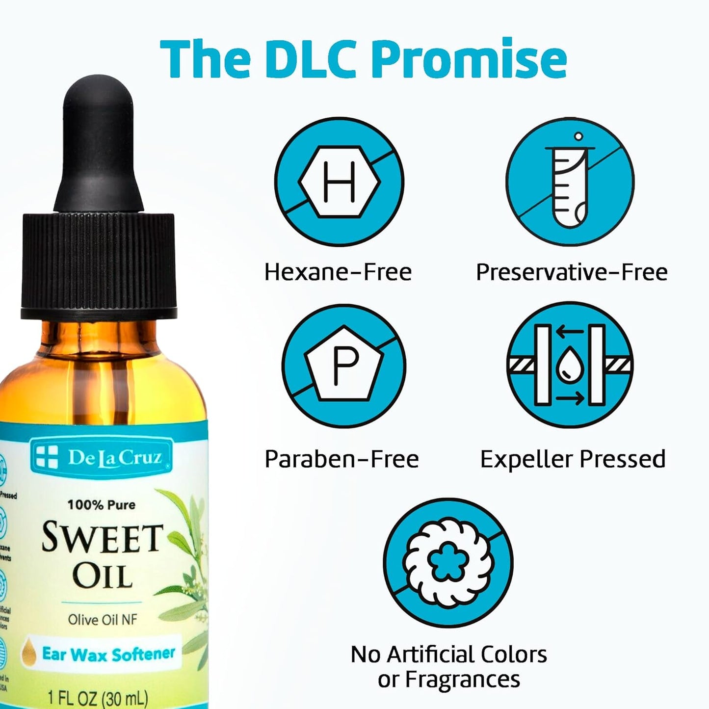 De La Cruz 100% Pure Sweet Oil for Ears - All Natural Ear Wax Softener with Dropper - 1 Fl OZ