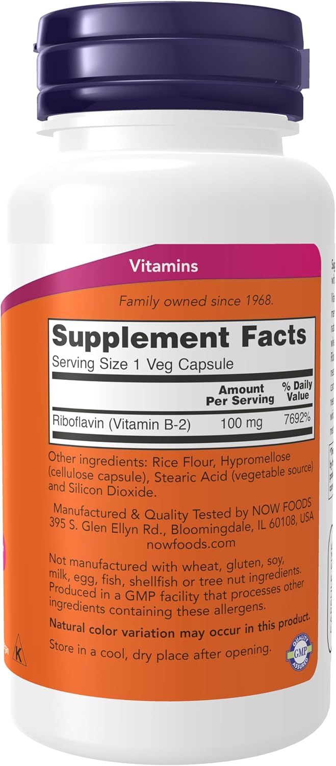 NOW Foods Supplements, Vitamin B-2 (Riboflavin) 100 mg, 100 Veg Capsules