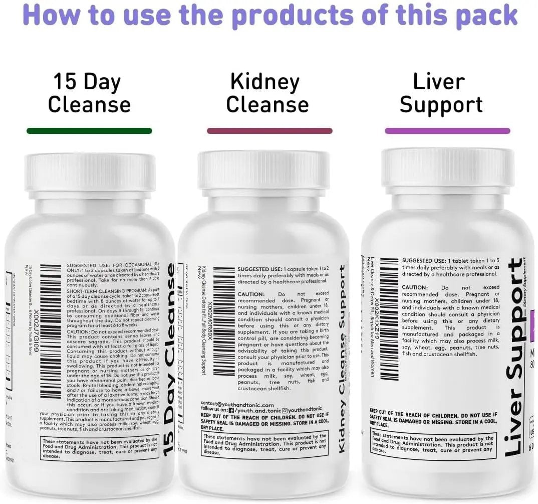 Youth & Tonic 3X Body Detox and Cleanse for Women & Men | Liver and Kidney Support & 15 Day Colon Cleanser to Repair Detoxify and Full Waste Loss | Supplement Pills Youth & Tonic
